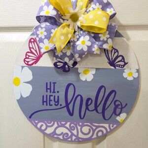 Hello Sign for Front Door, Rustic round Wood Wreaths, Wall Hanging, Handmade